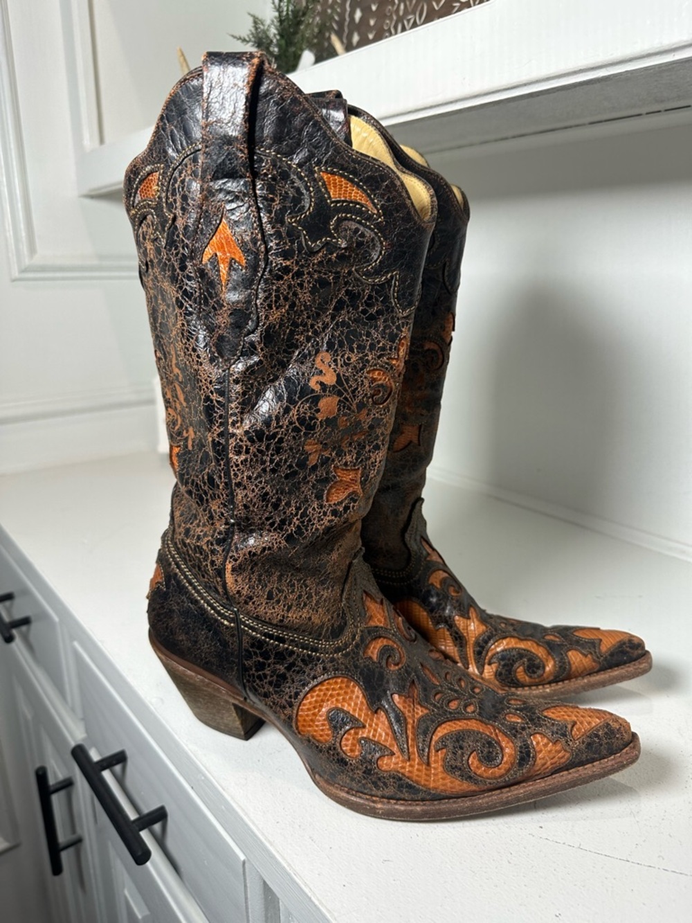 Corral Boots Lizard Inlay Cowboy Womens 8.5M Distressed Brown Leather Western - Picture 5 of 9